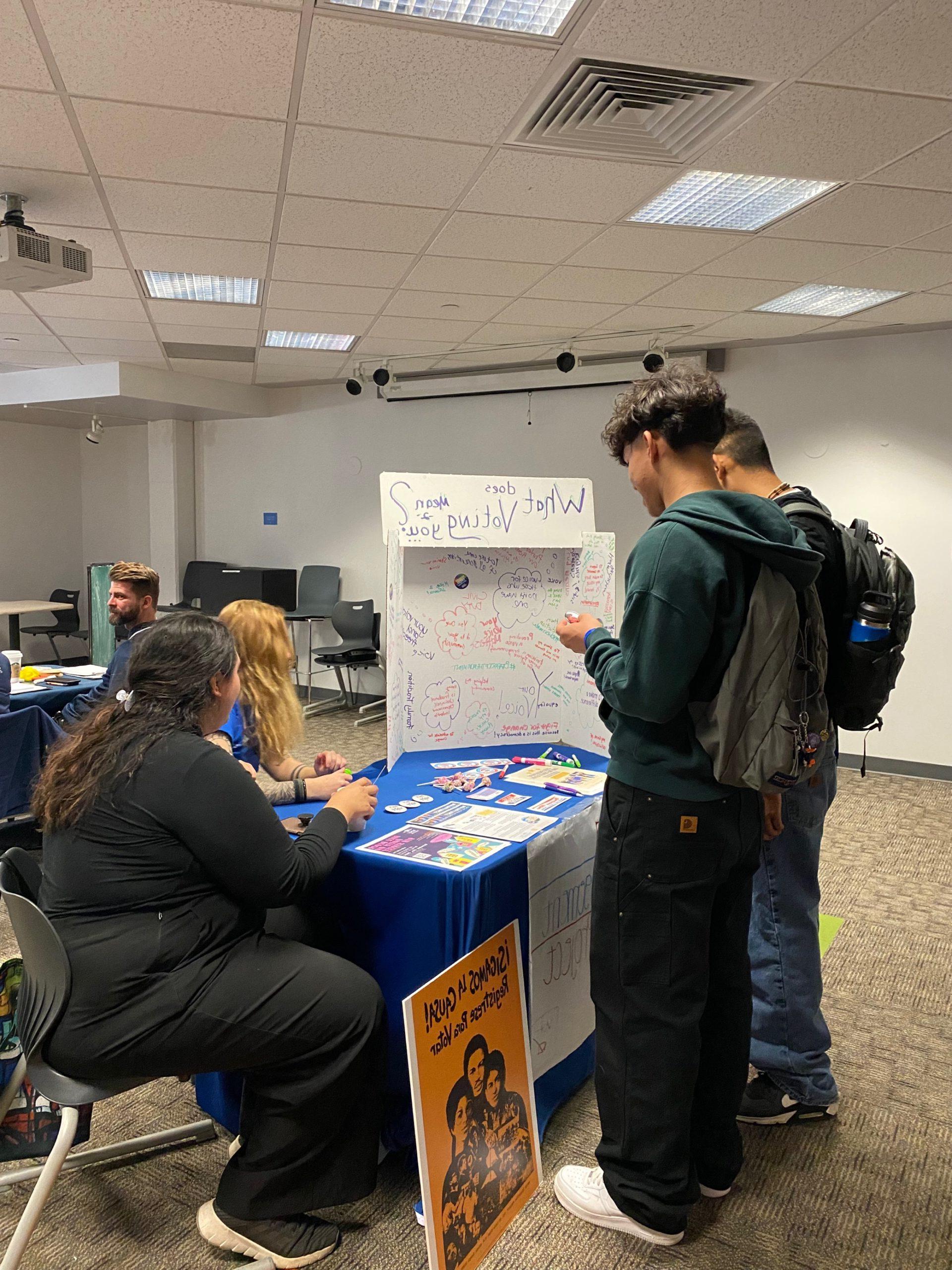 Students standing in front of a Poster board with 